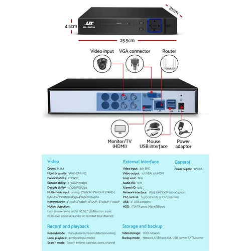 UL-Tech 1080P Övervakningssystem med 4 HD-kameror och DVR